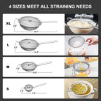 Walfos Extra Fine Mesh Strainer Set of 4-9.5", 7", 4.7", 2.8", Stainless Steel 30 Mesh Sieve with Sturdy Handle, Kitchen Food Strainers Sifters for Quinoa, Pasta, Fruits, Vegetables, Rice, Tea