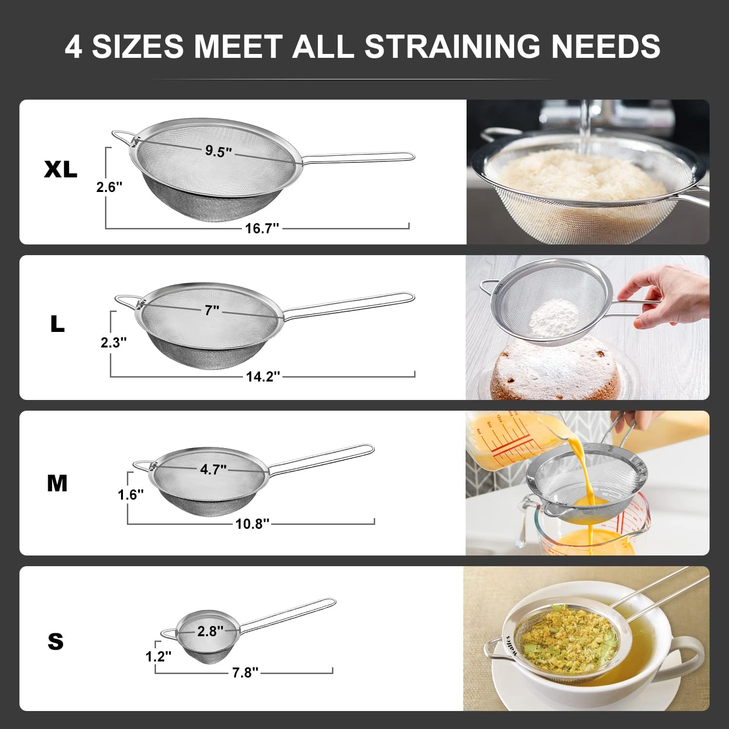 Walfos Extra Fine Mesh Strainer Set of 4-9.5", 7", 4.7", 2.8", Stainless Steel 30 Mesh Sieve with Sturdy Handle, Kitchen Food Strainers Sifters for Quinoa, Pasta, Fruits, Vegetables, Rice, Tea