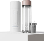 Glass Multi Tea Infuser Bottle 14oz - Double Wall Borosilicate Glass Flask | No Plastic Touches Contents | Perfect for Office or Home - Rose Pink