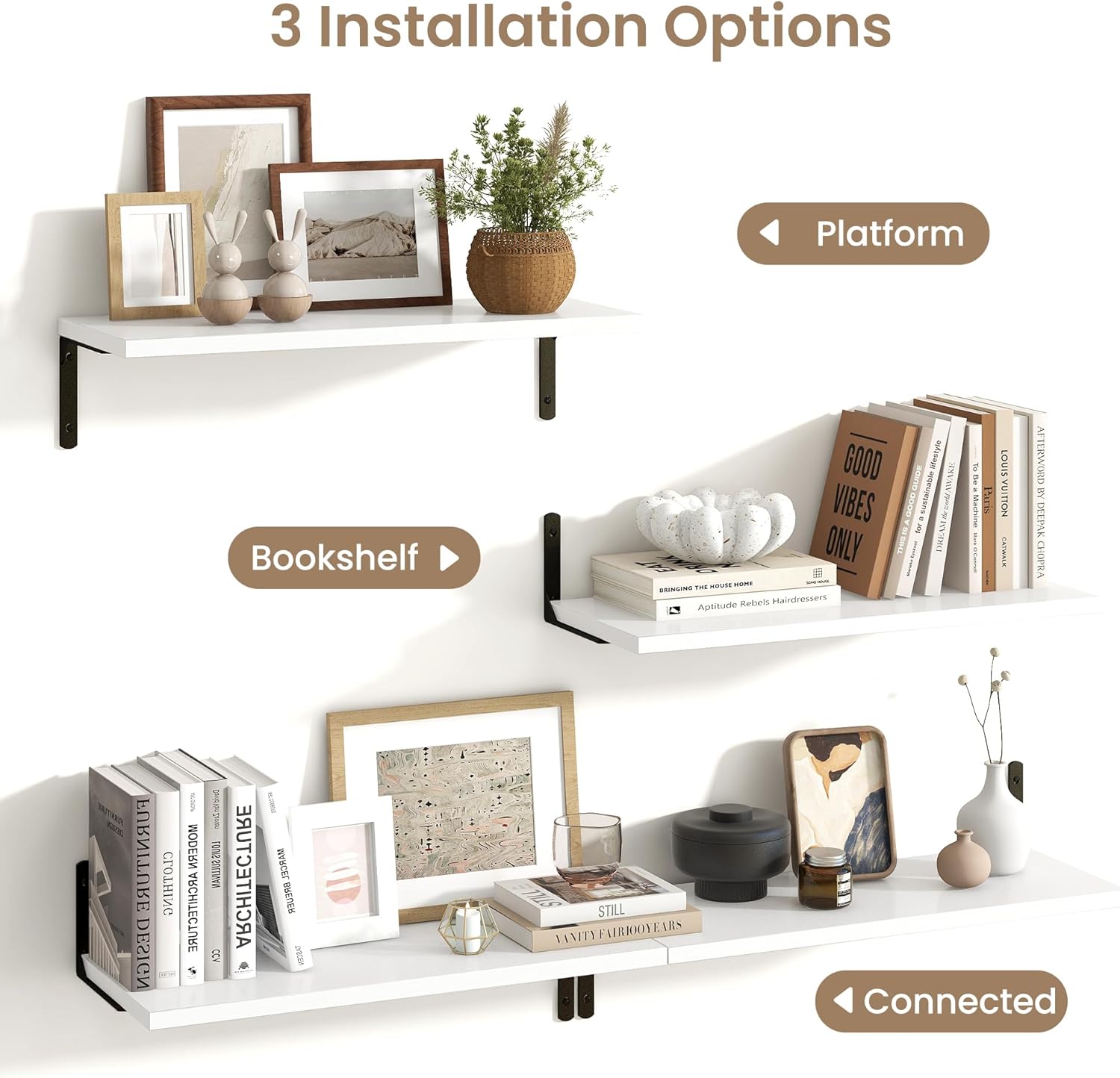 Fun Memories Deep Floating Shelves, 24W x 8D Floating Shelves Set of 2, Wall Mounted Shelf with Metal Brackets, Rustic Wood Wall Shelf for Bathroom, Kitchen and Living Room, White