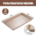 2 Pack Jelly Roll Pan 15x10 Inch, Diamond Texture Nonstick Cookie Sheet, 0.8mm Thick Heavy Duty Steel Baking Tray, Commercial Gold Baking Pans