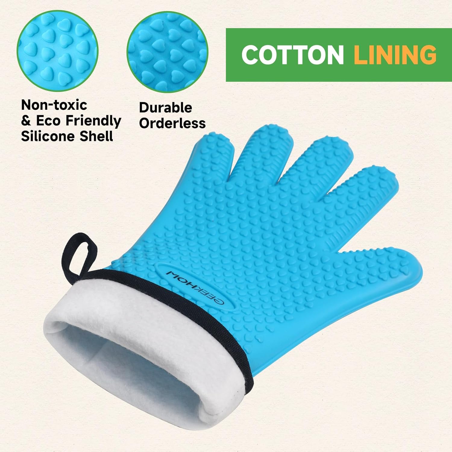 GEEKHOM BBQ Gloves Heat Resistant Oven Mitts - Silicone Grilling Gloves with 13.7" Arm Protection - Waterproof Pot Holder Non-Slip for Men & Women, Kitchen Outdoor Cooking, Baking, Camping, Blue