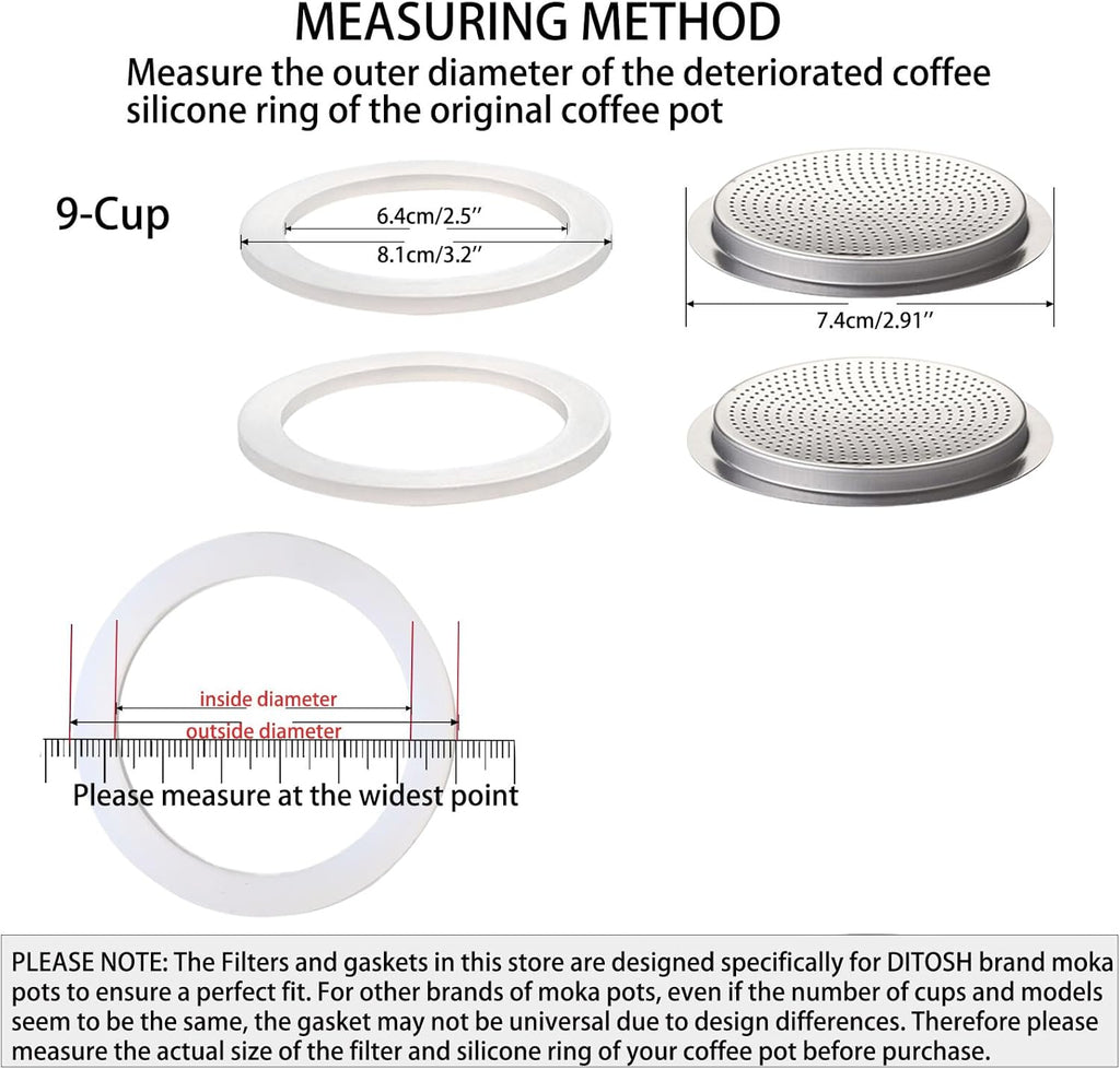 2 Pcs Filter with 3 Pcs Silicone Gasket Seals for 9 Cup Stovetop Espresso Coffee Maker Replacement Parts for DITOSH Aluminium Moka Pot