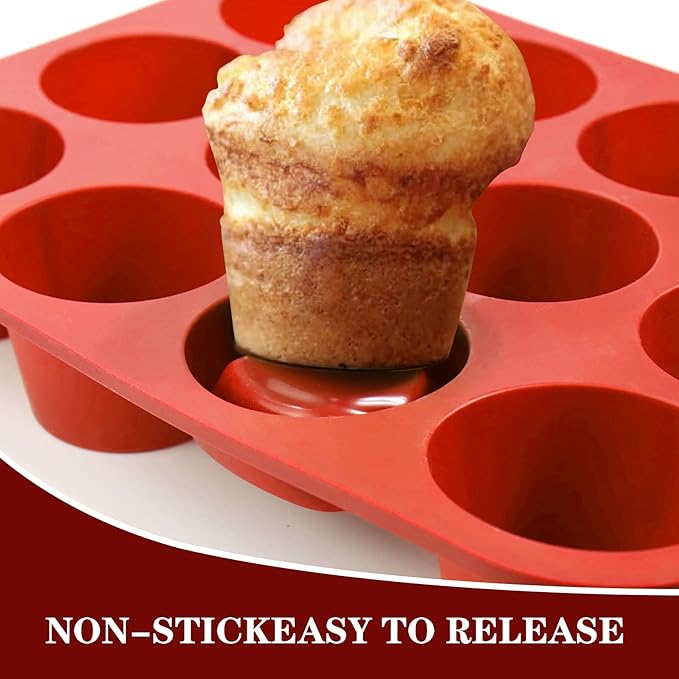 12-Cup Silicone Professional Non-Stick Popover Pans for Muffins, Brownies and Baking