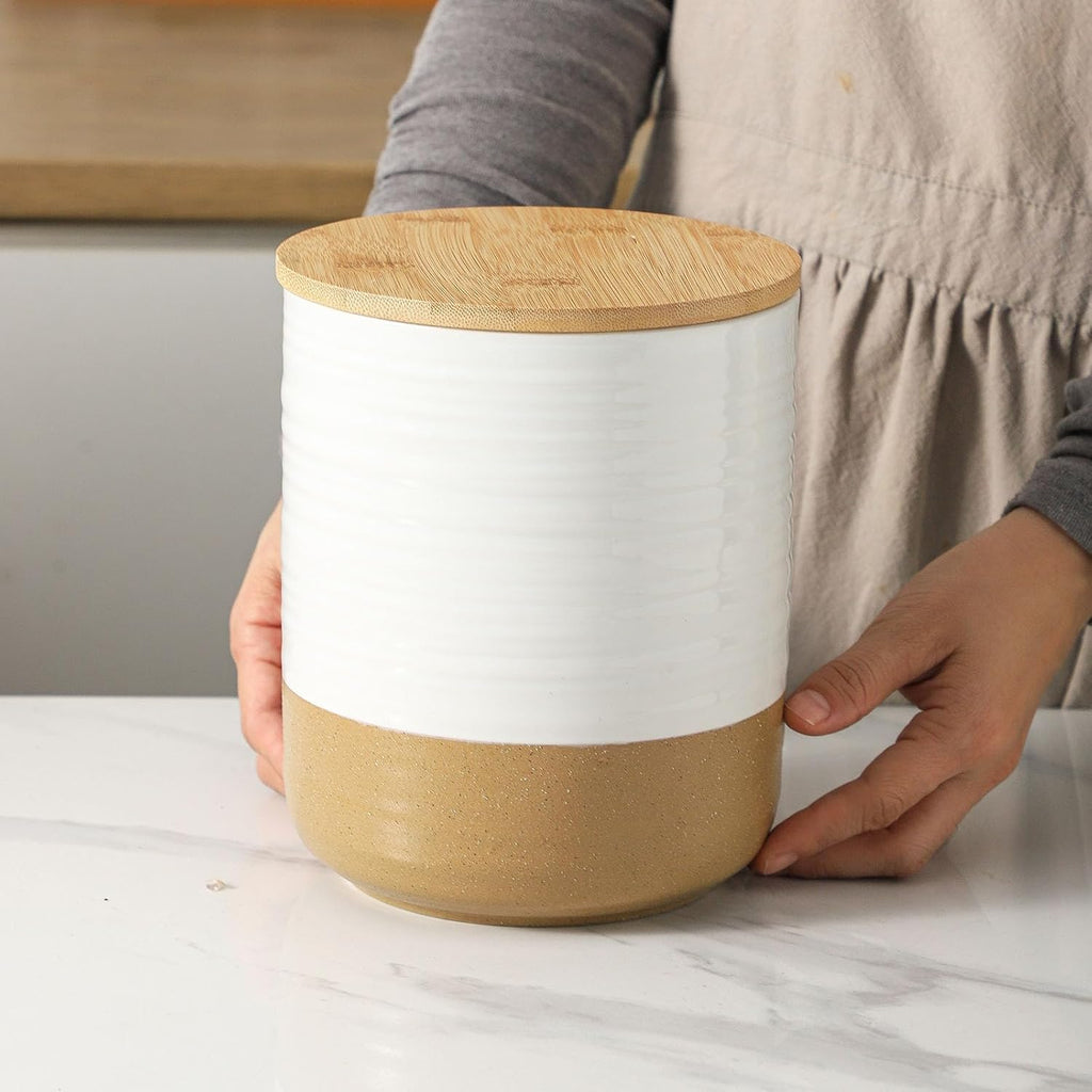 Hasense 80oz White Ceramic Food Storage Jar with Bamboo Lid – 7.5 Inch Minimalist Kitchen Canister for Pantry, Dry Goods, Sugar, Tea, Flour – Airtight Wide Mouth Container with Natural Base
