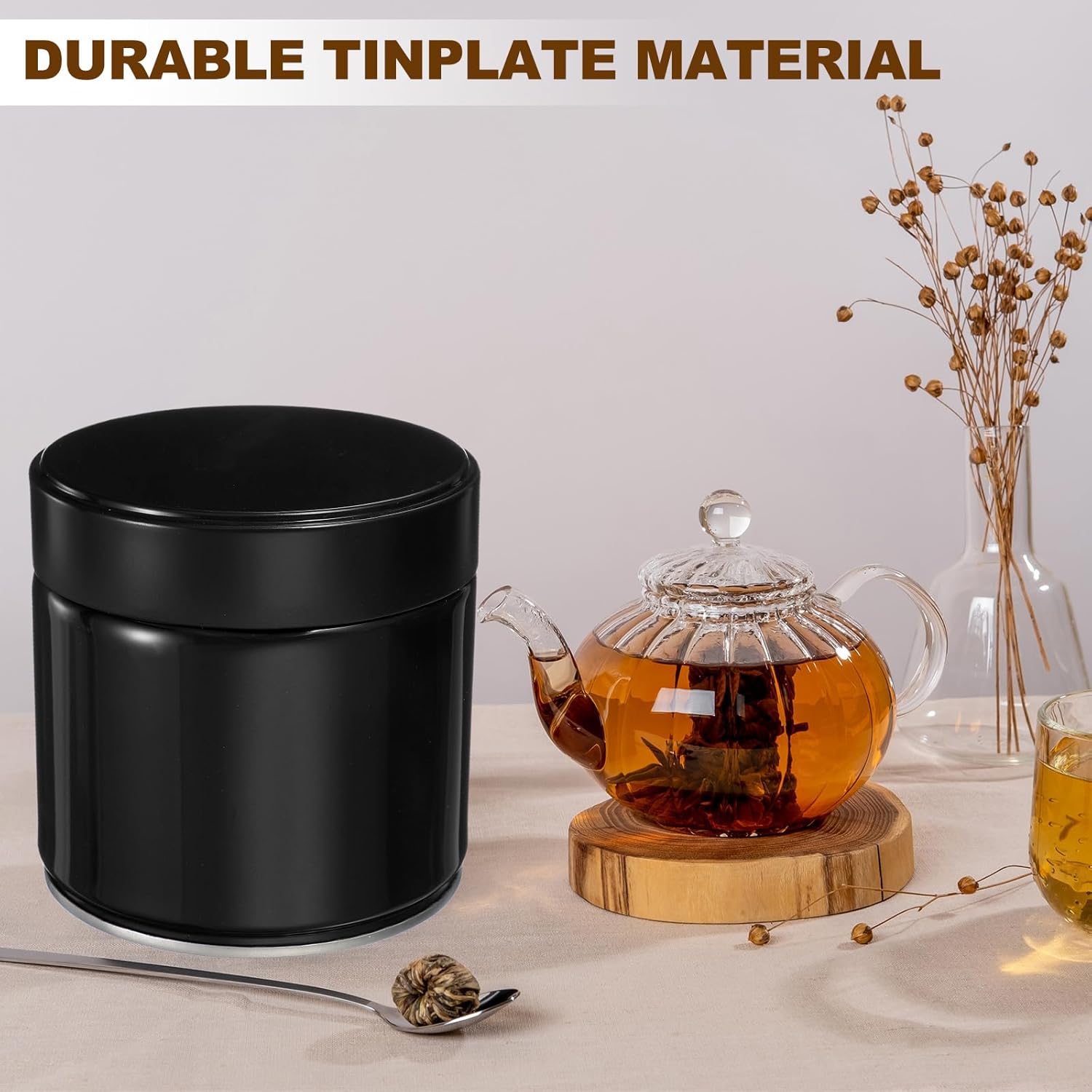 uxcell 2Pcs Round Tea Canisters, 4" x 4" Airtight Metal Tea Containers for Loose Tea, Coffee Beans, Spices - Durable, Compact, and Stylish Storage Tea Tin (Black)