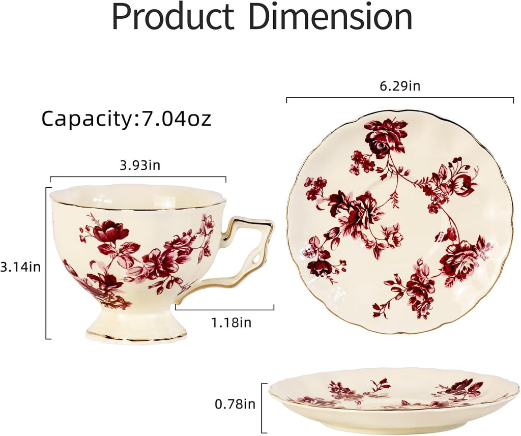 KAMMAK Tea Cups and Saucers Set of 2, Porcelain Coffee Cups, 6.8-Ounce Stackable Espresso Mugs, Ceramic Demitasse for Coffee, Latte, Americano, Tea, Red Orchid