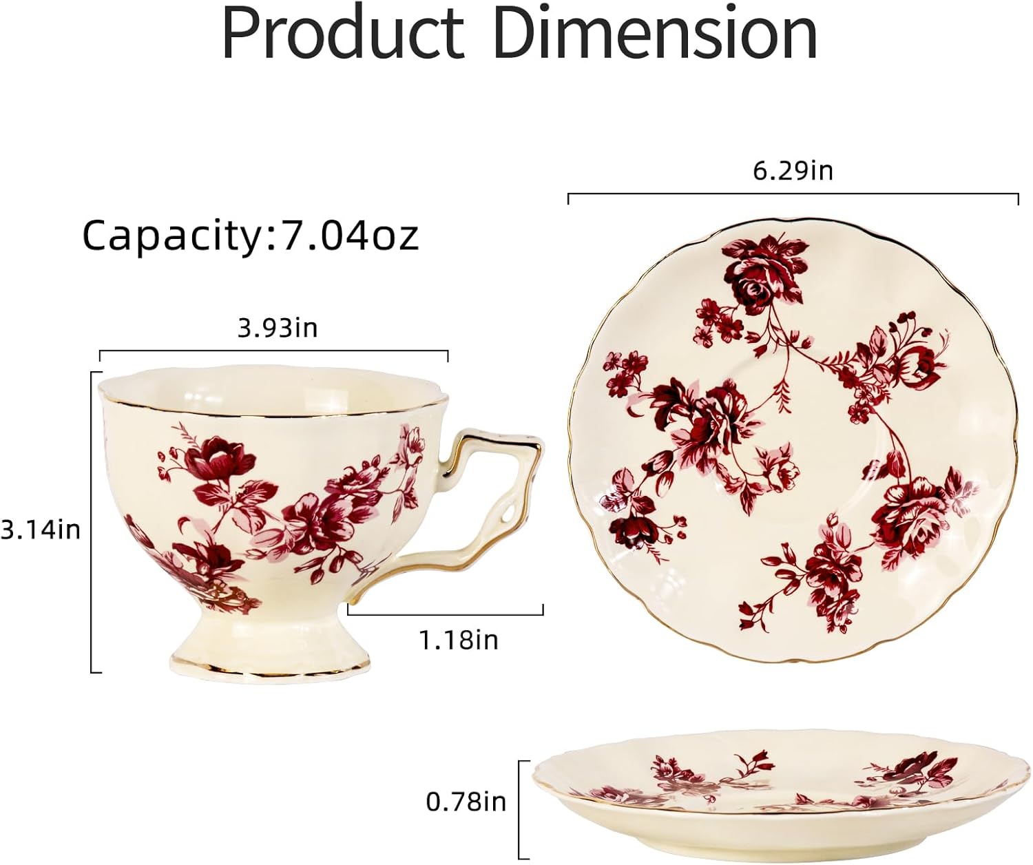 KAMMAK Tea Cups and Saucers Set of 2, Porcelain Coffee Cups, 6.8-Ounce Stackable Espresso Mugs, Ceramic Demitasse for Coffee, Latte, Americano, Tea, Red Orchid