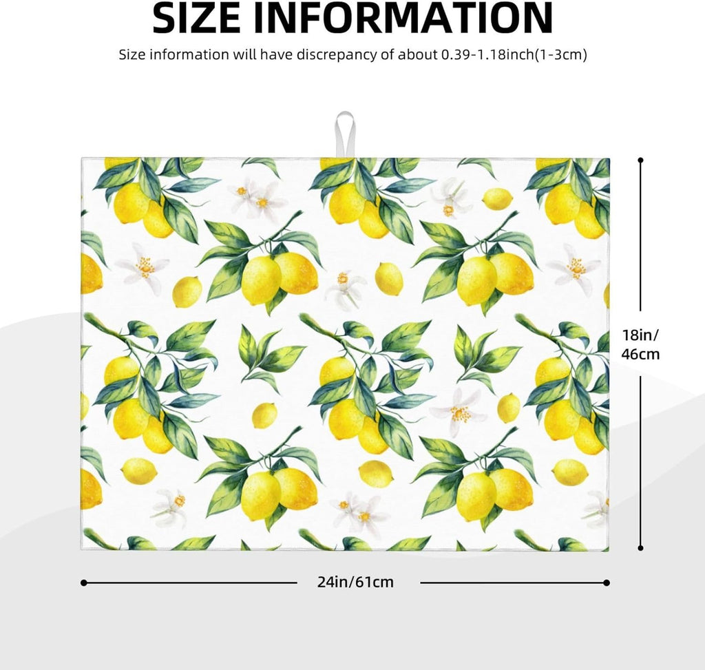 Tropical Lemon Leaves Dish Drying Mat, Highly Absorbent Microfiber Kitchen Counter Pad Reusable Washable, 18*24"