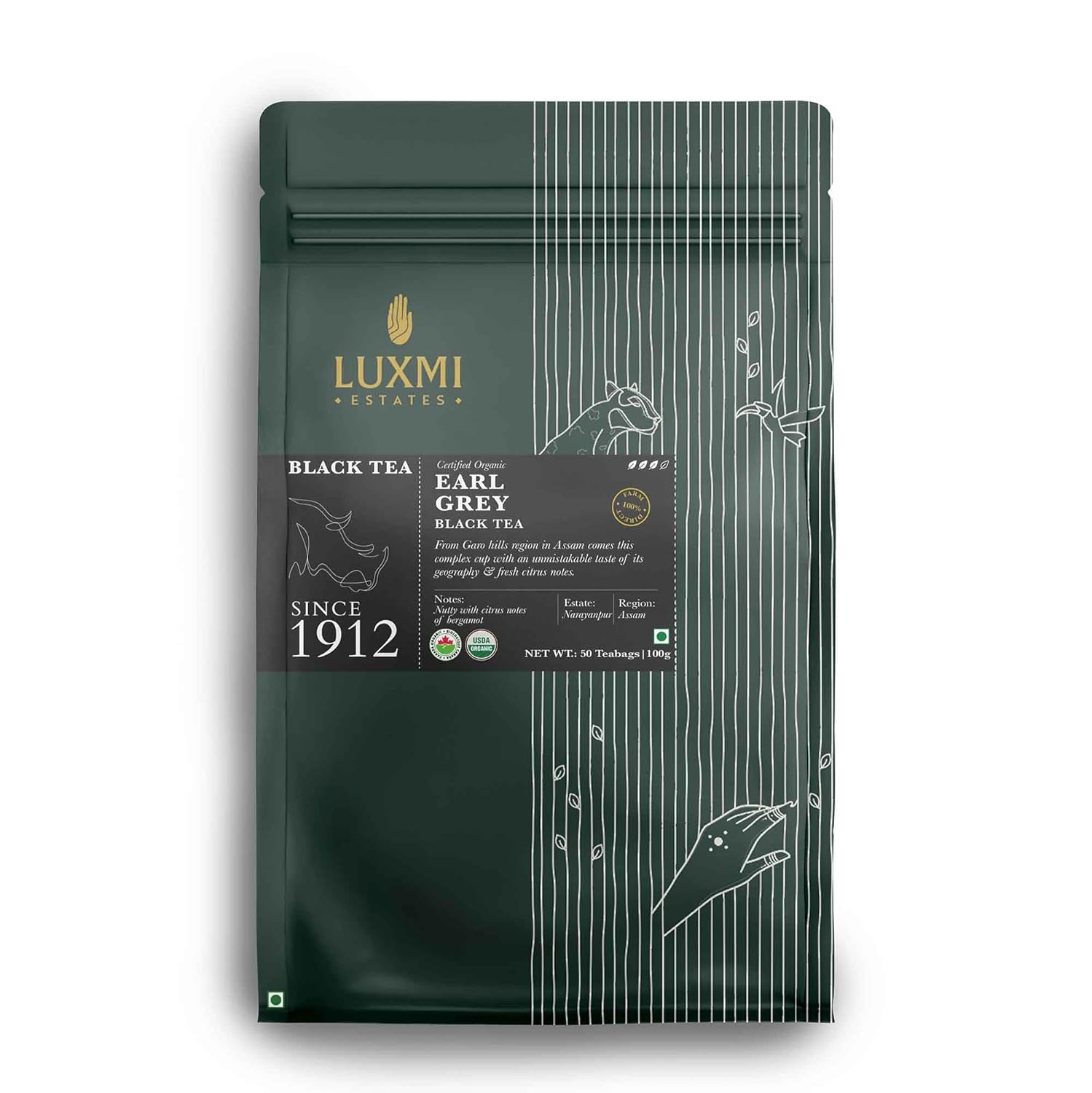 Luxmi Estates Garo Hills Organic Earl Grey Black Tea 50 Tea Bags (100gm) Pack | USDA Organic - Earl Grey Tea Bags | 100% Natural Bergamot Extracts | 50 Cups |Assam Black Tea