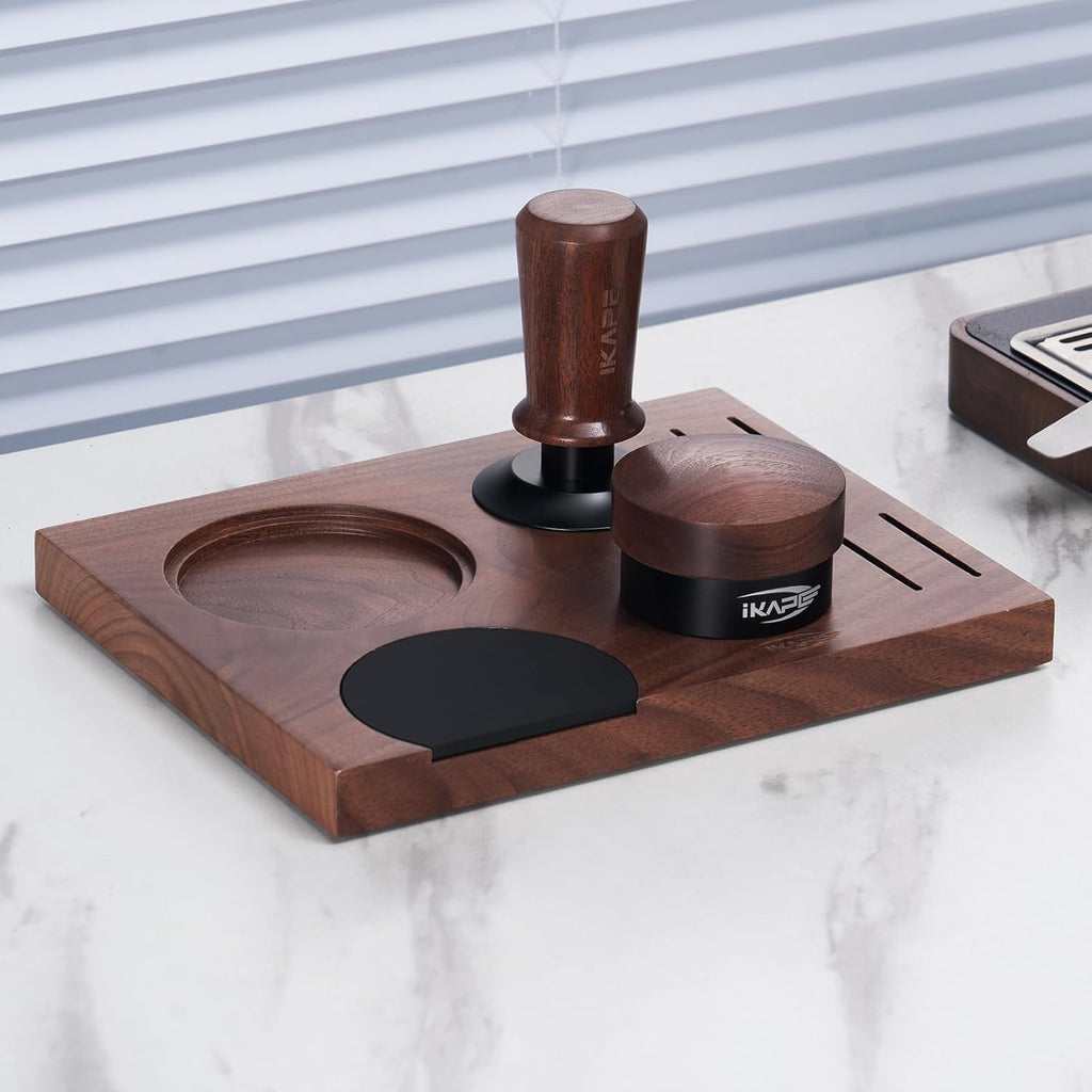 IKAPE 53MM Espresso Tamper Kit 5 IN 1, Wooden Coffee Tamper Set, Coffee Tamper, Distributor, Coffee Base, Puck Screen, Cleaning Towel - Essential for Baristas, Crafted from Durable Walnut Wood