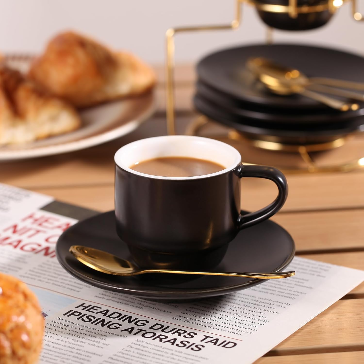 Lareina 3-Ounce Espresso Cups Set of 4, Small Stackable Coffee Cups with Saucers, Spoons and Metal Stand, Ceramic Demitasse Mugs, Espresso Accessories for Machine, Black