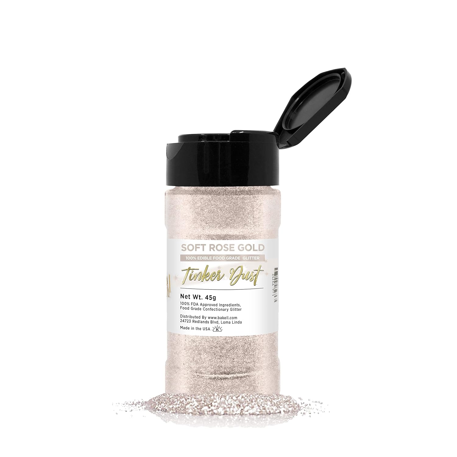 BAKELL Soft Rose Gold Edible Glitter, 45 Grams | TINKER DUST Edible Glitter | KOSHER Certified | 100% Edible Glitter | Cakes, Cupcakes, Cake Pops, Drinks, Dessert Vegan Glitter & Dusts (45g Shaker, Soft Rose Gold)