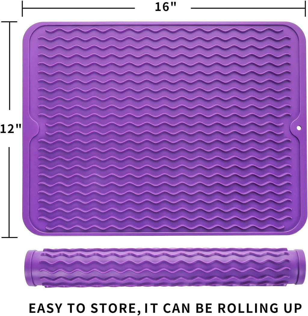 Silicone Dish Drying Mat for Multiple Usage,Easy clean,Eco-friendly,Heat-resistant Silicone Mat for Kitchen Counter or Sink,Refrigerator or drawer liner Purple L 16 inches x 12 inches