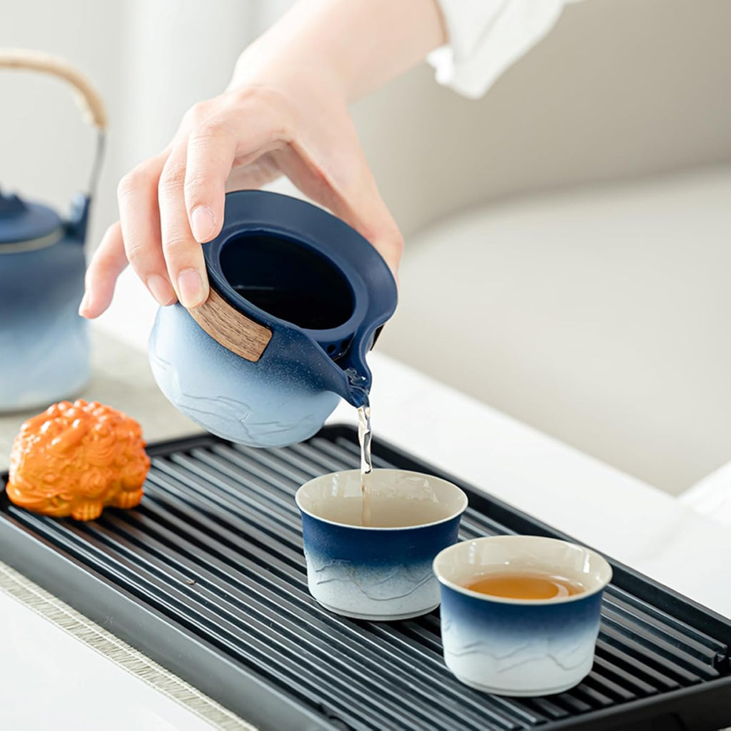ICHAG Chinese Tea Set, Japanese Tea Sets for Adults, 15-Piece Porcelain Gongfu Tea Set with Tea Pet & Tea Tray, Japanese Teapot Set, Travel Tea Party Set, for Home/Office/Outdoor/Gifts (Blue)