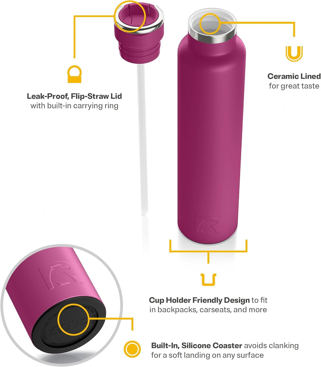 RTIC 26oz Journey Bottle Metal Stainless Steel Vacuum Insulated, BPA Free, Reusable, for Water, Hot and Cold Drinks, Travel, Sports, Camping, Very Berry