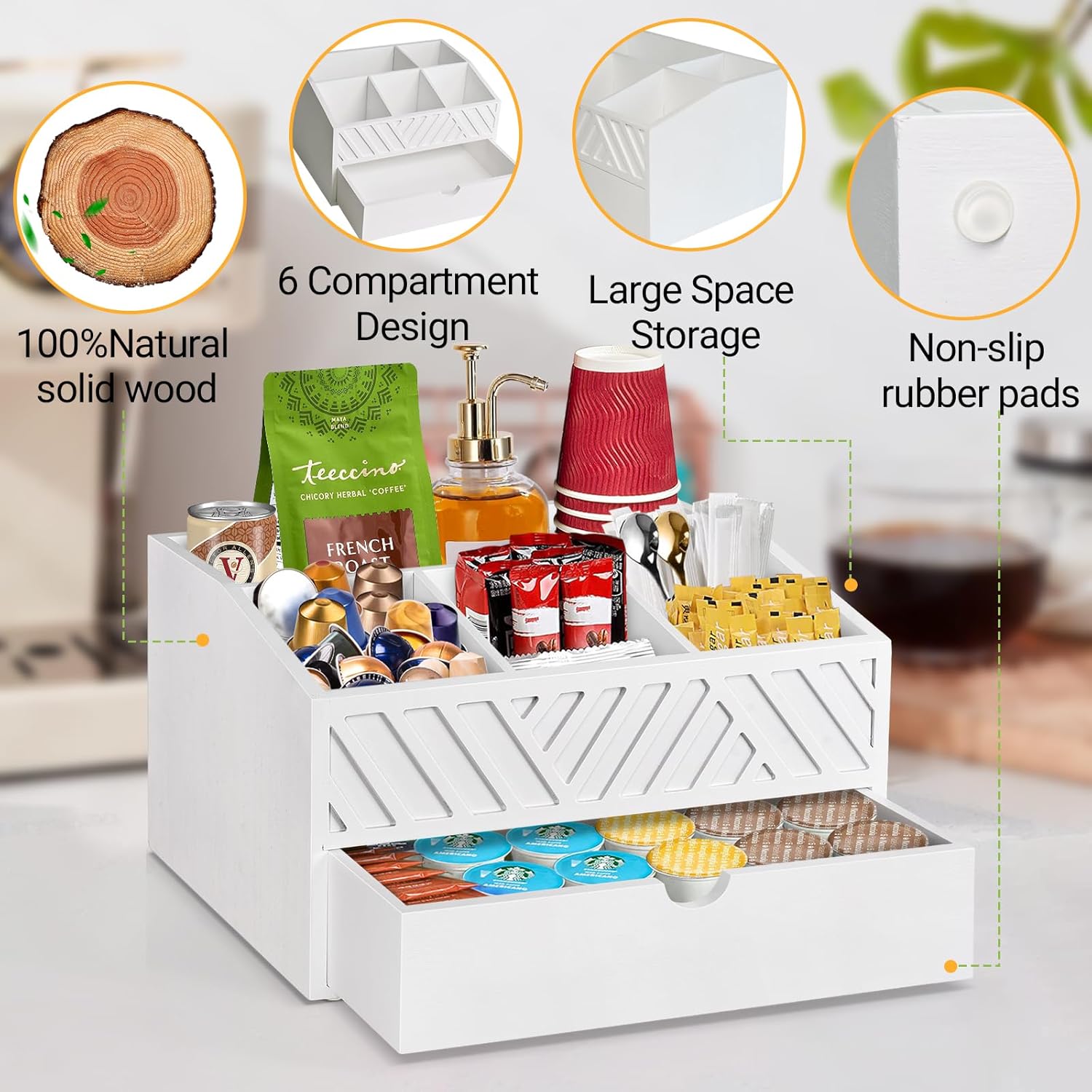 Farmhouse Wooden Coffee Bar Organizer - Countertop Station With Drawer, Pods Holder & Storage Basket