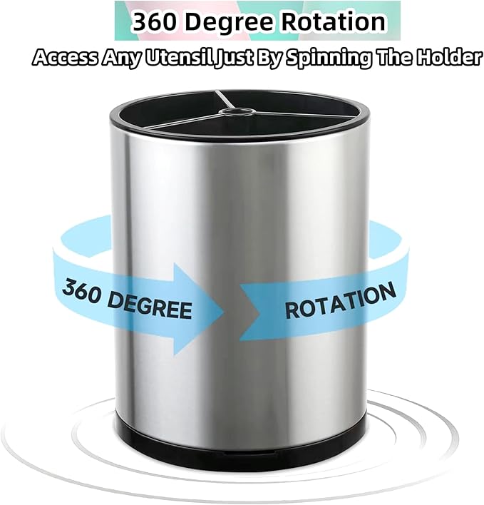 Kitchen Utensil Holder Extra Large 360°Rotating For Counter Organizer Stainless Steel Storage Cooking Silverware Caddy 3 Compartment Flatware Spoon Spatula Tool Cutlery Container（Silvery）