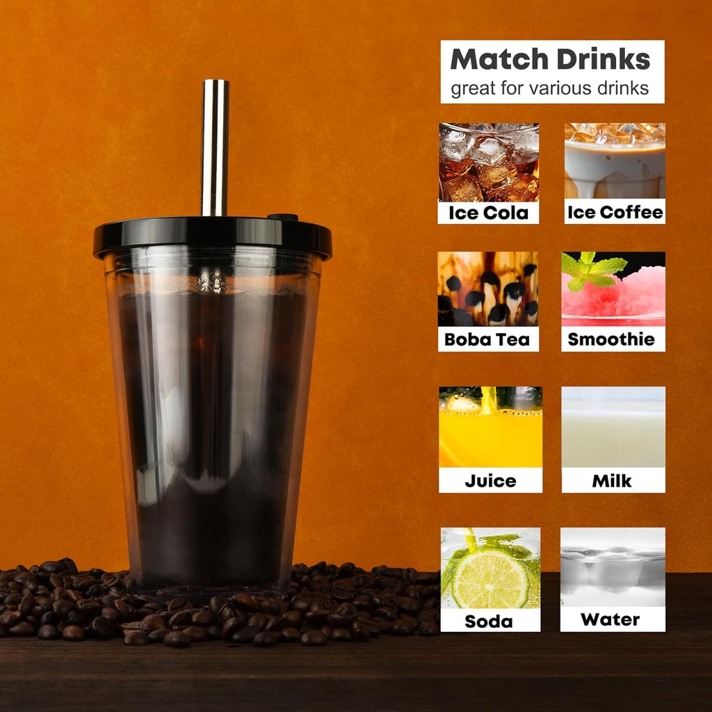 ALINK Reusable Iced Coffee Cup with Lid and Straw, 16 oz Grande Boba Tea Smoothie Cup, Leak Proof Double Wall Insulated Iced Coffee Tumbler for Hot Cold Drinks, Milkshaks, With 2 Boba Straws 1 Brush