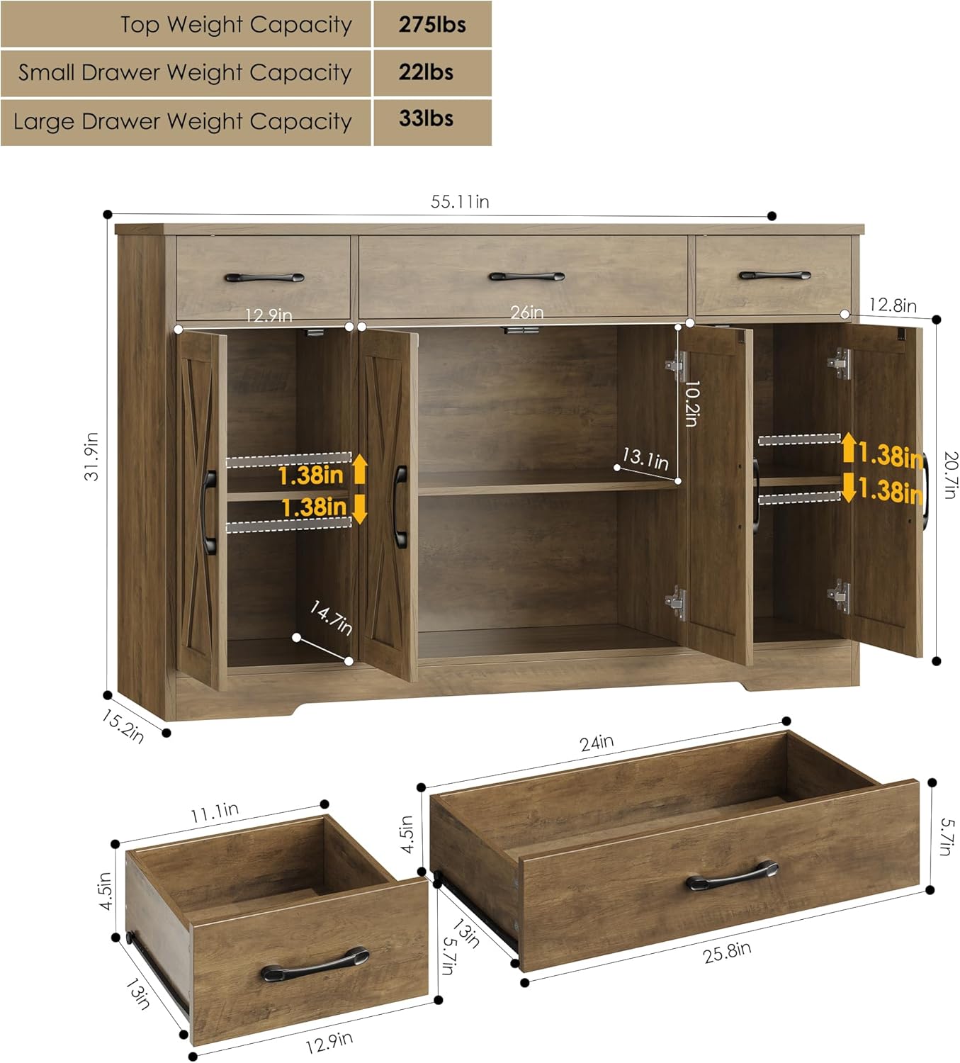 HOSTACK Buffet Sideboard Cabinet with Drawers, 55" Large Buffet Storage Cabinet with Shelves and Doors, Modern Farmhouse Coffee Bar Station Wood Kitchen Table for Kitchen, Dining Room, Rustic Brown