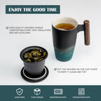 suyika Ceramic Tea Cup with Infuser and Lid Tea Mugs Wooden Handle 400ml/13.5oz Dark Green