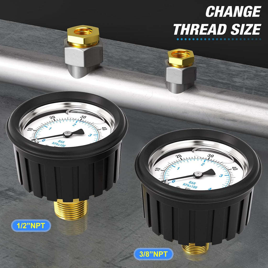 MEANLIN MEASURE 0~60Psi Stainless Steel 1/4" NPT 2.5" FACE DIAL Liquid Filled Pressure Gauge, Center Back Mount (with Rubber Protective Sleeve), with 1/2" NPT and 3/8" NPT Hex Bushing