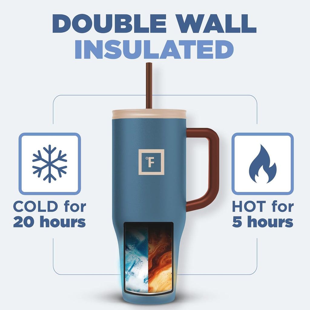 IRON °FLASK Co-Pilot Insulated Mug w/Boot, Straw & Flip Cap Lids - Cup Holder Bottle for Hot, Cold Drink - Leak-Proof - Water, Coffee Portable Travel Mug - Azure Mist, 40 Oz