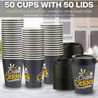 Smygoods Disposable Coffee Cups with Lids, To Go Paper Hot Cups, Coffee O'Clock Design (12 OZ, 50 Count) For Hot Beverages, Coffee, Tea, Espresso, Cocoa - Vasos Para Cafe