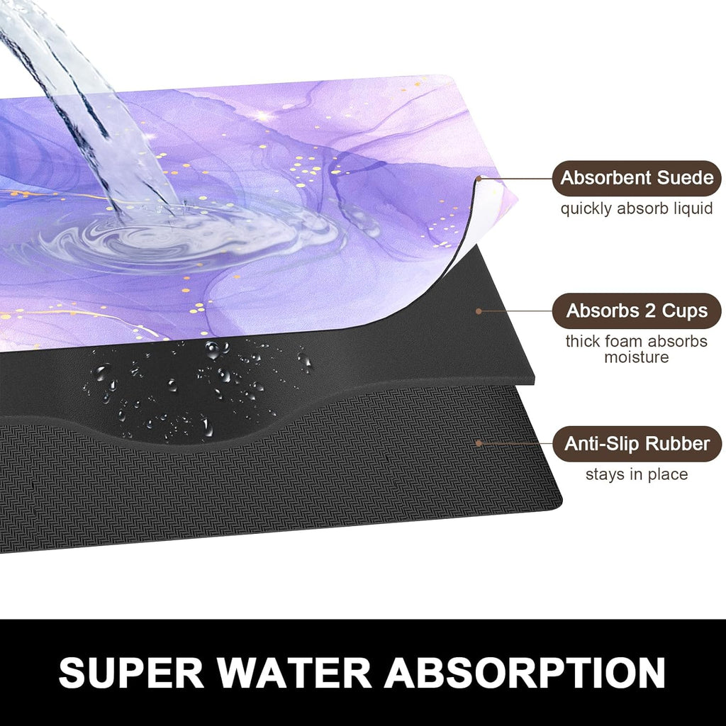 Rnivvi Dish Drying Mat for Kitchen Counter, 16 x 18" Cute Marble Theme Absorbent Heat Resistant Drying Pad with Non-slip Rubber, Coffee Bar Mats for Coffee Machine Dish Rack Kitchen Decor, Purple