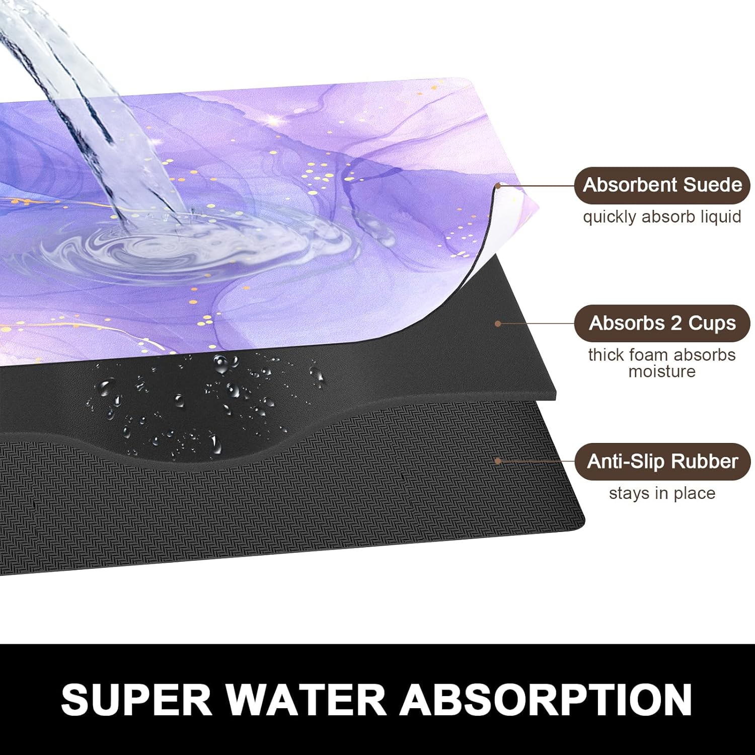 Rnivvi Dish Drying Mat for Kitchen Counter, 16 x 18" Cute Marble Theme Absorbent Heat Resistant Drying Pad with Non-slip Rubber, Coffee Bar Mats for Coffee Machine Dish Rack Kitchen Decor, Purple