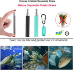 2 Pack Reusable Metal Straws Collapsible Stainless Steel Drinking Straw Travel Portable Telescopic Straw with Case,2 Cleaning Brushes Included Black/Turquoise