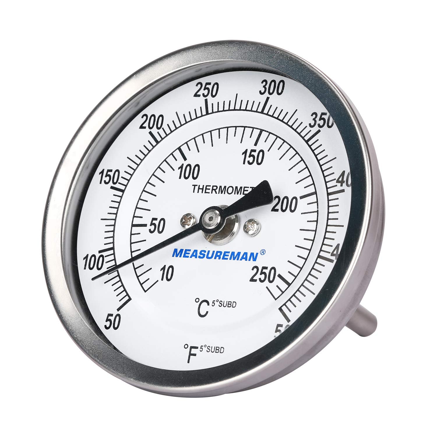 Measureman Fully Stainless Steel Bimetal Dial Thermometer, 3" Dial, 2-1/2" Stem, 50-550 deg F/10-260 deg C, -1% Accuracy, Adjustable, 1/2" NPT Back Mount