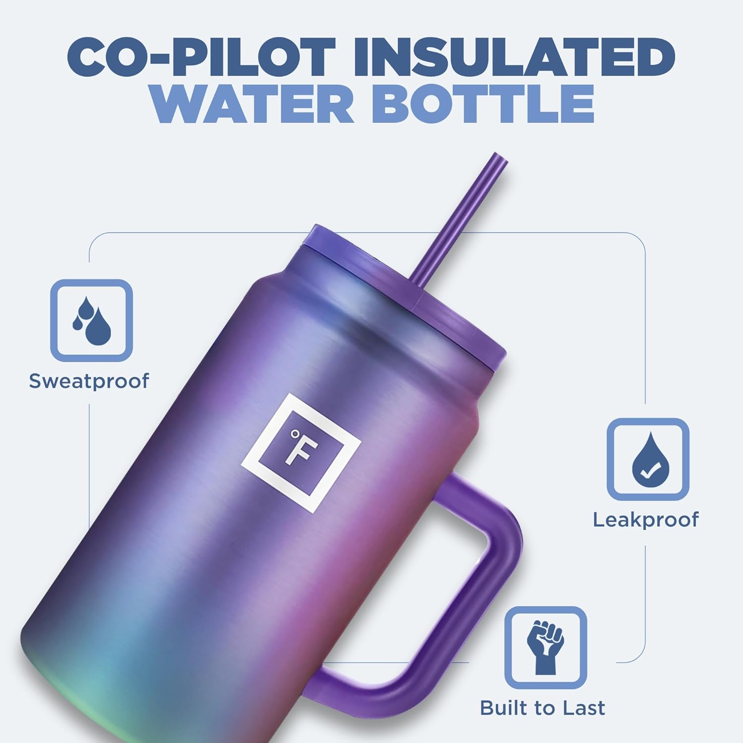 IRON °FLASK Co-Pilot Insulated Mug w/Straw & Flip Cap Lids - Cup Holder Bottle for Hot, Cold Drink - Leak-Proof - Water, Coffee Portable Travel Mug - Aurora, 50 Oz