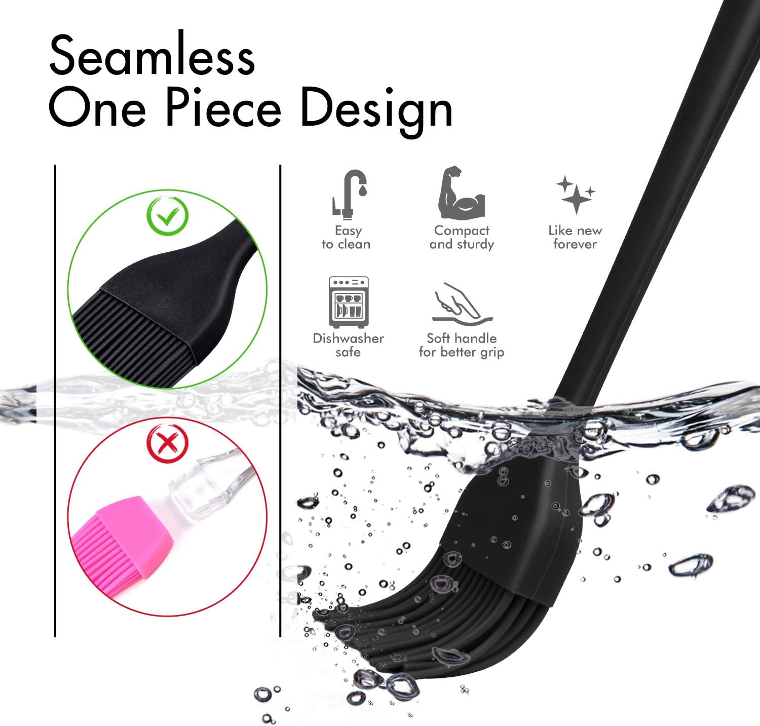 HOTEC 600℉ Heat Resistasnt Basting Brushes, BPA Free Silicone Pastry Brush, Spread Oil Butter Sauce Marinades for BBQ Grill Barbecue Baking Kitchen Cooking Dishwasher Safe (Black 2)