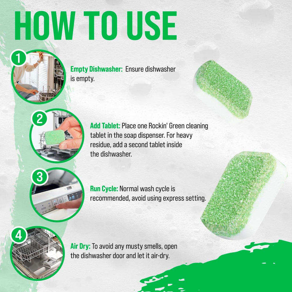 Rockin' Green Dishwasher Cleaner Tablets (8 Pack) - Septic Safe Dishwasher Cleaning Tablets Dishwasher Cleaner and Deodorizer - Dishwasher Remove Build Up with Citric Acid (Sweet Child O'Lime)