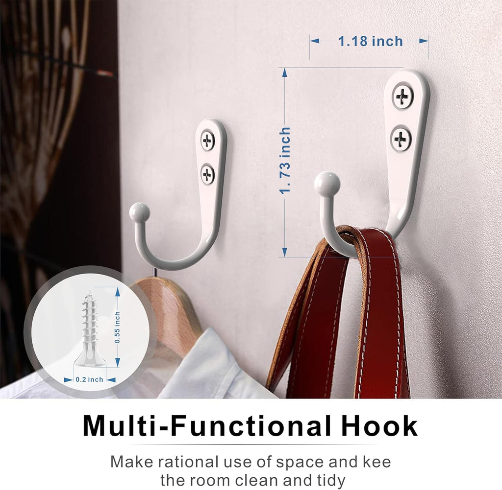 15-Pack Coat Hooks with 30 Screws | Heavy Duty Wall Mounted Hooks for Robe, Backpack, Keys & Entryway Storage | Multi-Use Hanging Hardware (White)