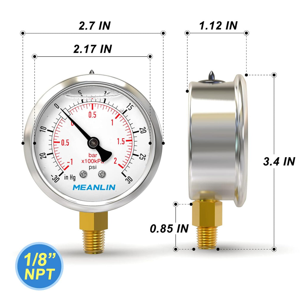 MEANLIN MEASURE -30inHG~30Psi Stainless Steel 1/8" NPT 2.5" FACE DIAL Vacuum Pressure Gauge, Lower Mount, with 1/4" NPT and 3/8" NPT Hex Bushing