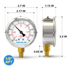 MEANLIN MEASURE -30inHG~30Psi Stainless Steel 1/8" NPT 2.5" FACE DIAL Vacuum Pressure Gauge, Lower Mount, with 1/4" NPT and 3/8" NPT Hex Bushing