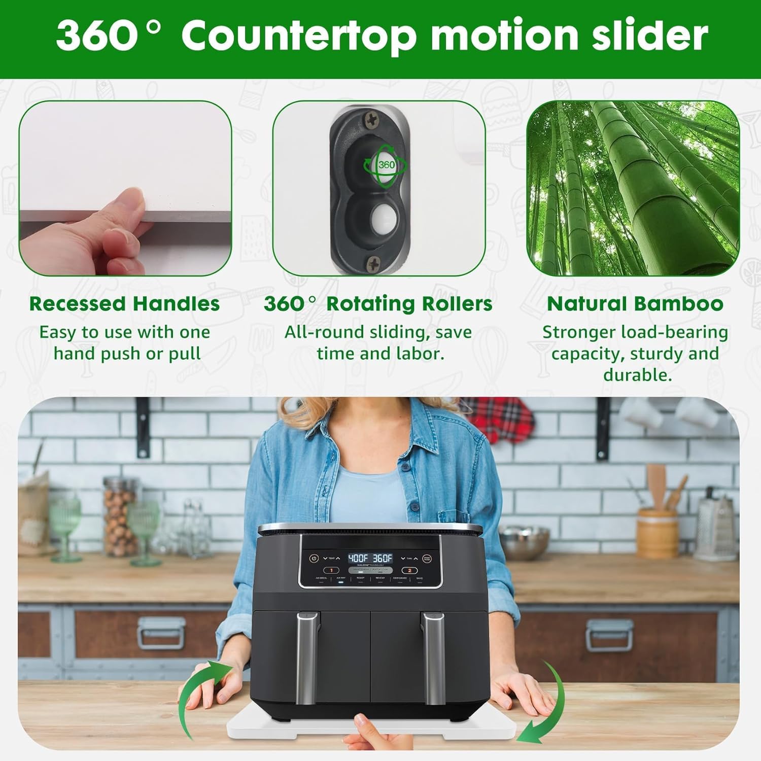 Appliance Slider 360° Rolling Tray for Coffee Maker- Bamboo Coffee Pot Slider Tray for Countertop Rotation Sliding Tray with Wheels, Appliances Mat Easily from Under The Cabinet White (15.7"×13")