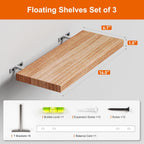Floating Shelves for Wall, Nature Wood Wall Shelf Set of 3, 16" Wall Mounted Floating Shelf for Kitchen, Living Room, Bedroom, Bathroom Storage, Book Shelf for Wall Home Decor, Frame Display