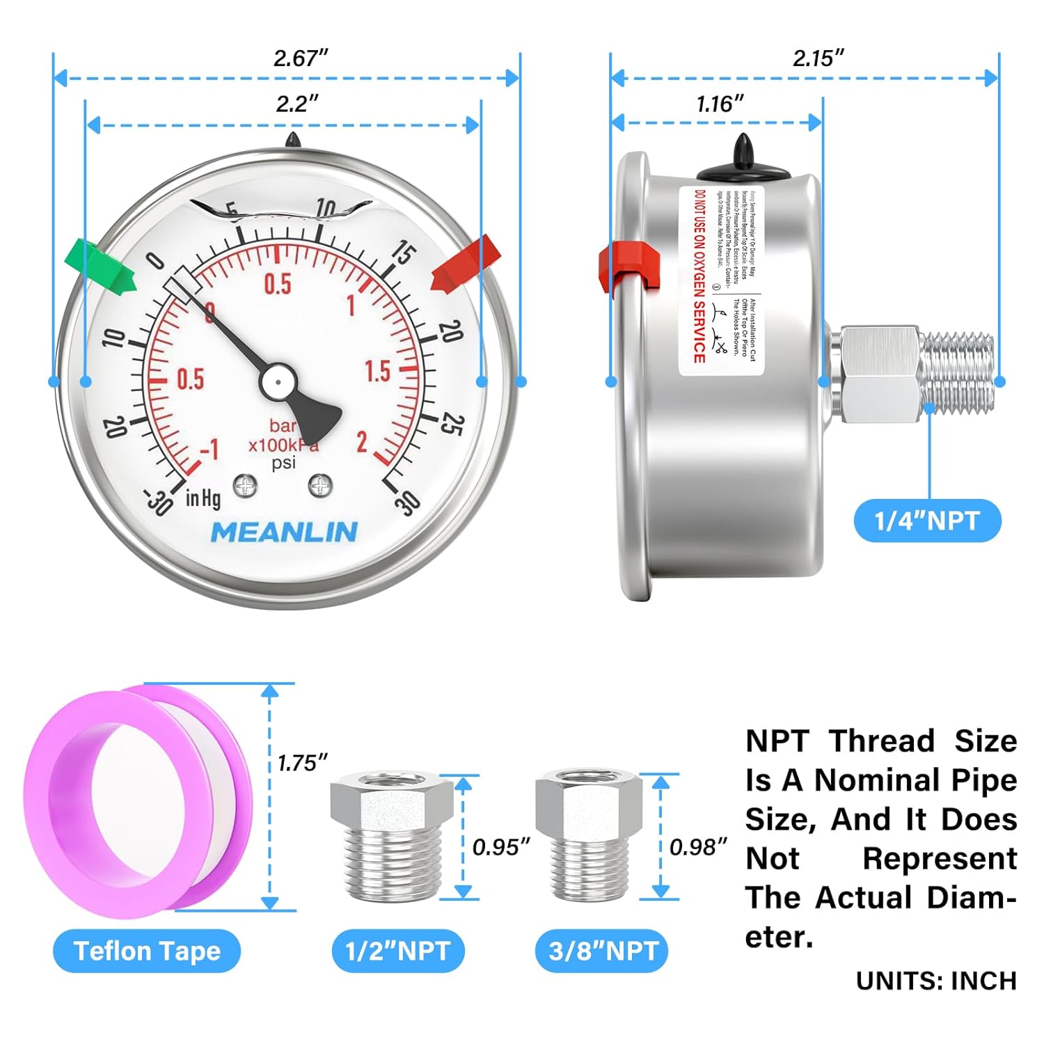MEANLIN MEASURE -30inHG~30Psi Vacuum Pressure Gauge 316 Stainless Steel Joint 1/4"NPT 2.5"FACE DIAL, Liquid Filled Pressure Gauge WOG Water Oil Air Back Mount with Stainless Steel Hex Bushing, Snaps