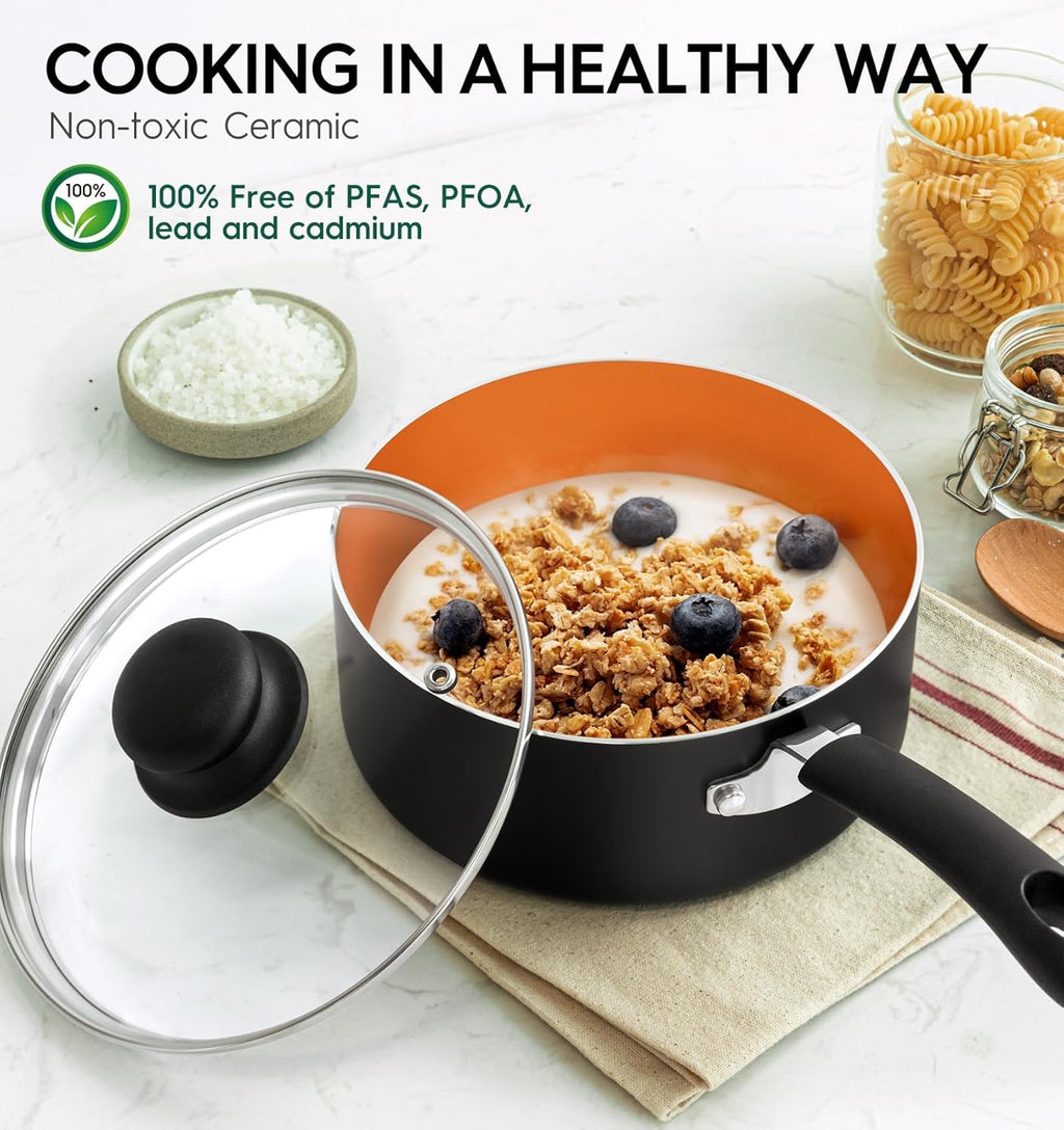 MICHELANGELO Nonstick Sauce Pan With Lid, 3QT Ceramic Saucepan, Copper Saucepans, PFAS-FREE Pot, Small Pots For Cooking, Multipurpose Cooking Pots For Home Kitchen, Dishwasher Safe
