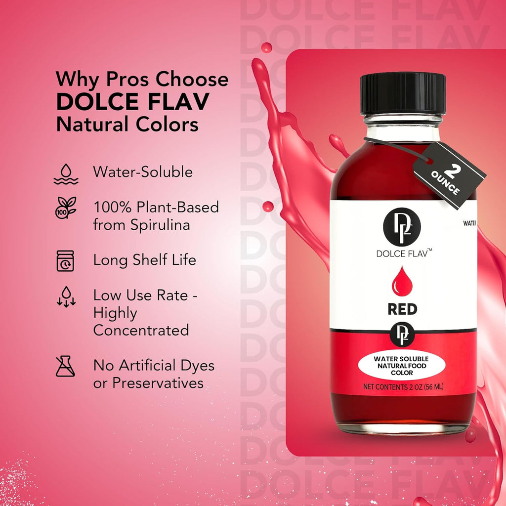 Dolce Flav Natural Red Food Coloring – Vivid Plant-Based Color from Beets | 2 oz Water-Soluble Liquid Dye for Baking, Drinks & Frostings | Graduated Dropper Included | No Artificial Dyes | Kosher | Made in USA
