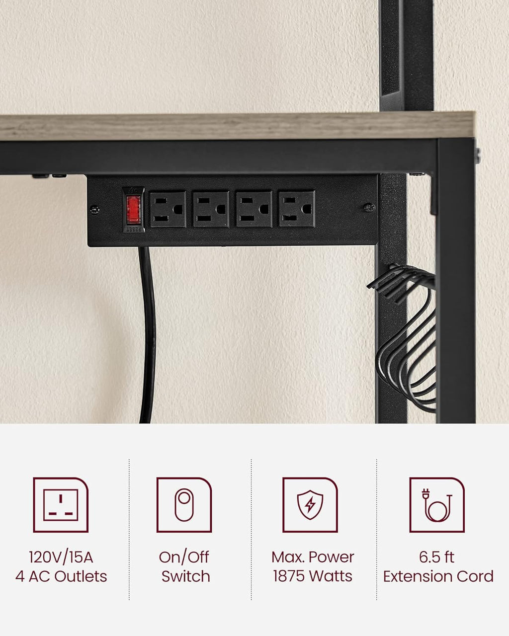 VASAGLE Hutch Bakers Rack with Power Outlet, 14 Hooks Microwave Stand, Adjustable Coffee Bar with Metal Wire Panel, Kitchen Storage Shelf, 15.7 x 31.5 x 66.9 Inches, Greige and Black UKKS025B02