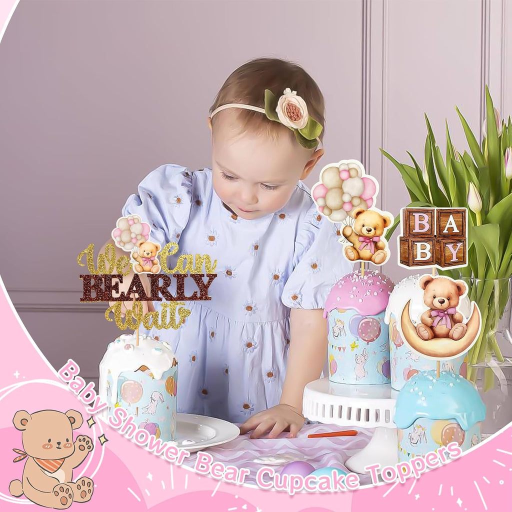MEMOVAN Bear Baby Shower Cupcake Toppers 25pcs We Can Bearly Wait Cake Cupcake Topper Bear Cake Cupcake Decoration for Baby Girl We Can Bearly Wait Bear Theme Birthday Baby Shower Gender Reveal Party
