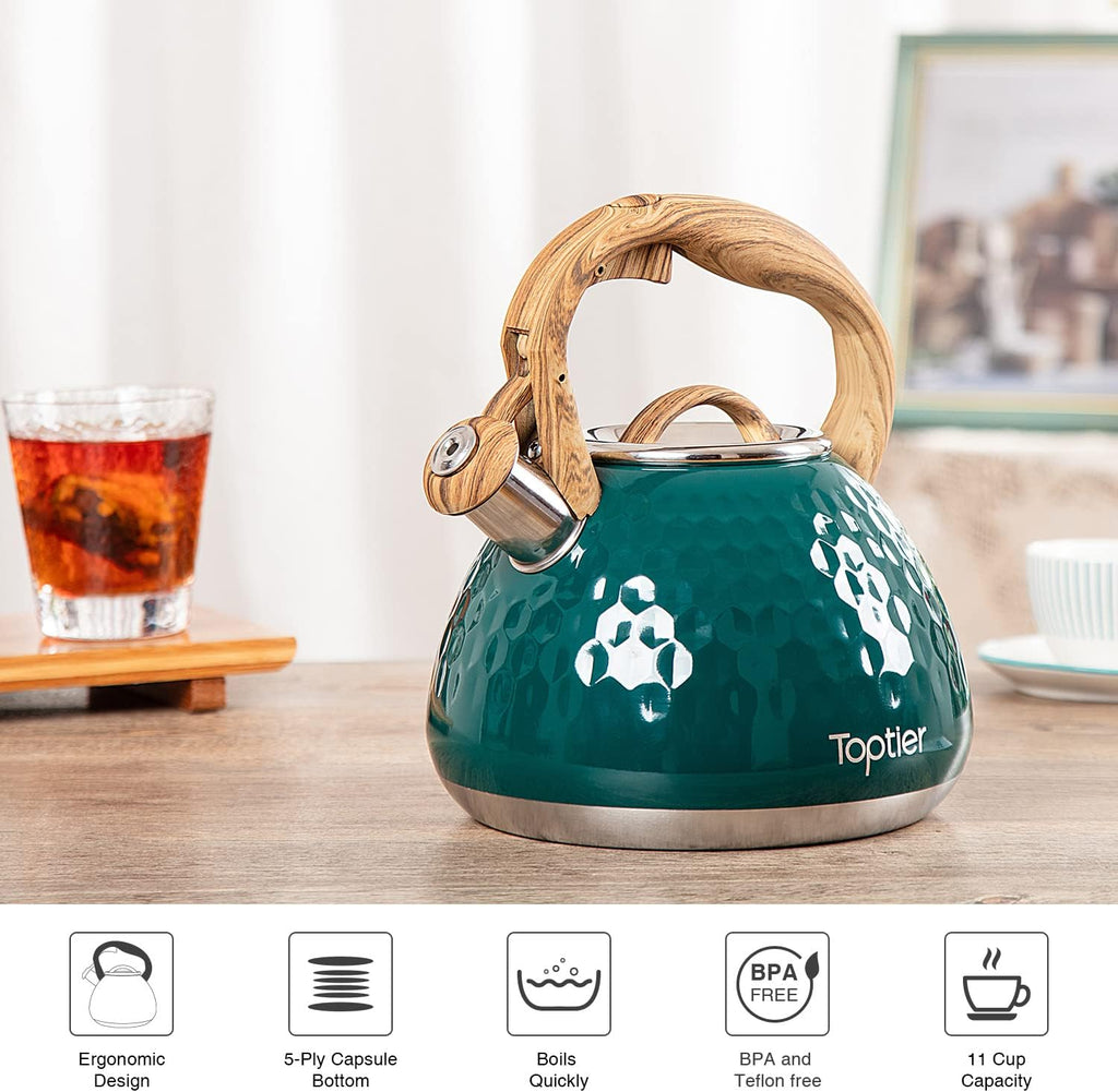 Tea Kettle, Toptier Teapot Whistling Kettle with Wood Pattern Handle Loud Whistle, Food Grade Stainless Steel Tea Pot for Stovetops Induction Diamond Design Water Kettle, 2.7-Quart Dark Green