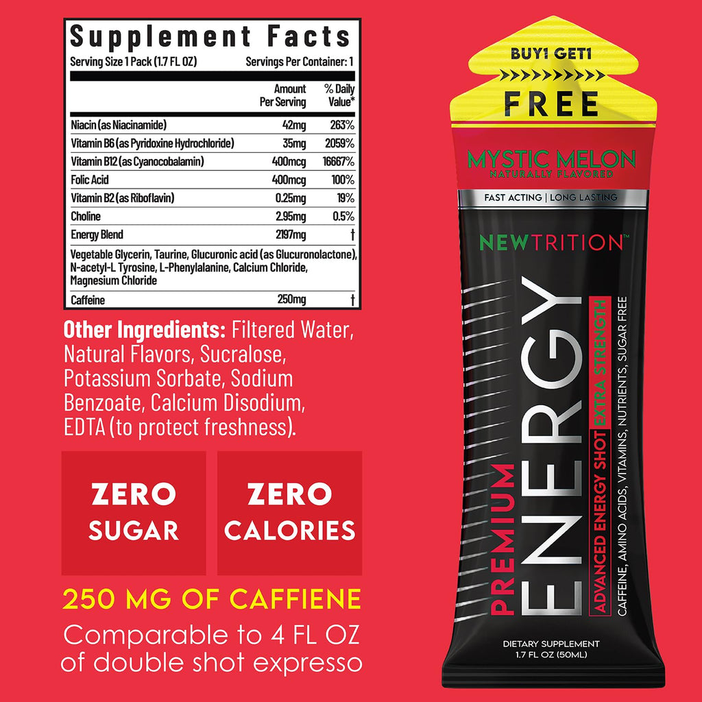 NewTrition® Extra Strength Energy Shots, 250mg Caffeine Energy Shots with Vitamin B & Amino Acids, Sugar-Free Vitamin Energy Shot, 1.7 fl oz (Pack of 6, Mystic Melon)