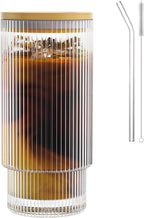 16OZ Ribbed Glass Cups with Lids and Straws,Iced Coffee Cups with Lid,Vintage Glassware for Whiskey Cocktail Beer Fruit Juice Glasses Tumbler(1Pack)