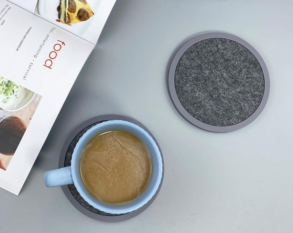 Absorbent Coasters for Drinks - 6packs, Silicone Coasters with Soft Felt Insert (4.3inch, Grey and Black)