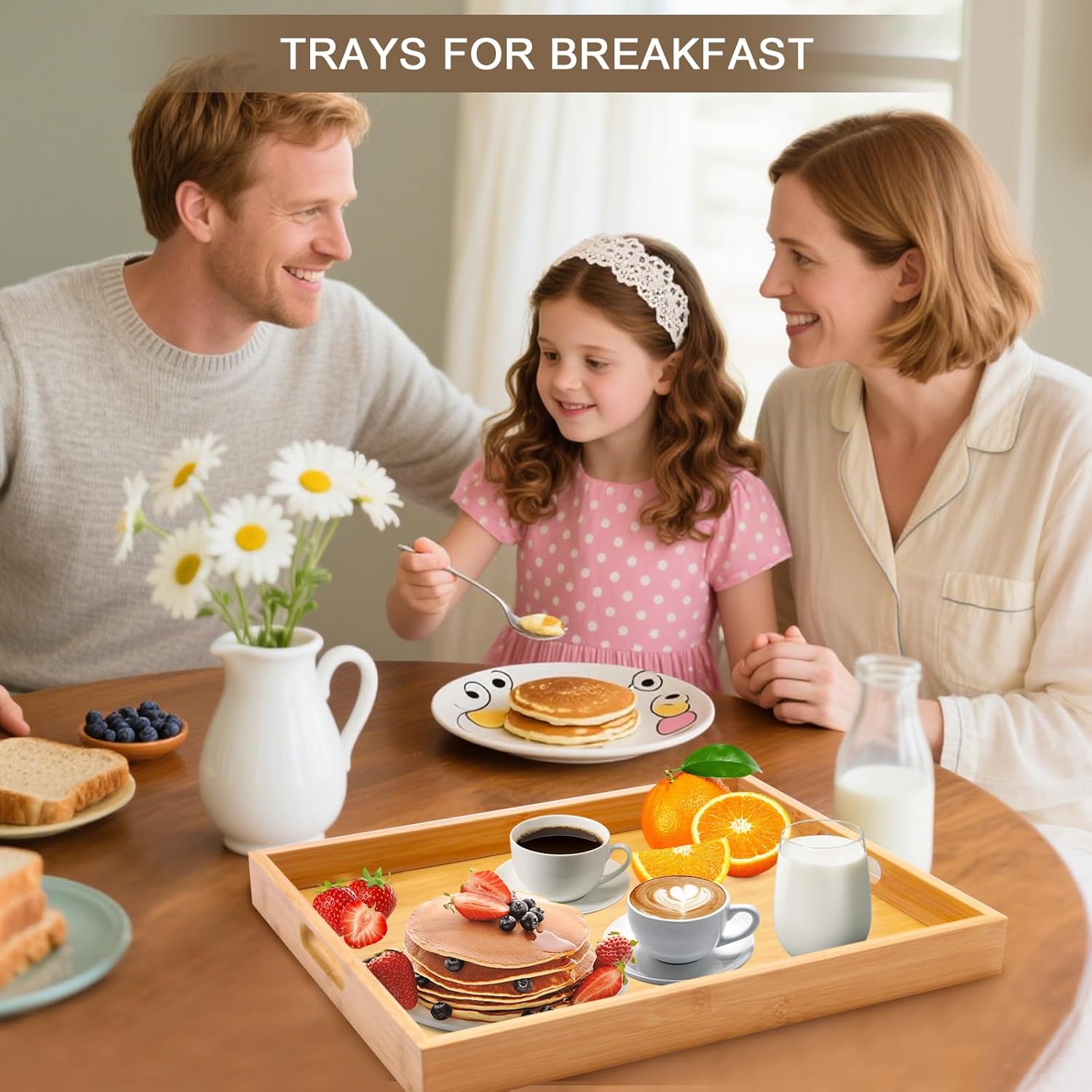 Wooden Serving Tray with Handles Bamboo Decorative Large Coffee Table Food Trays for Breakfast Dinner Restaurants Party or Home Decor Outdoor Scenarios 2 Packs